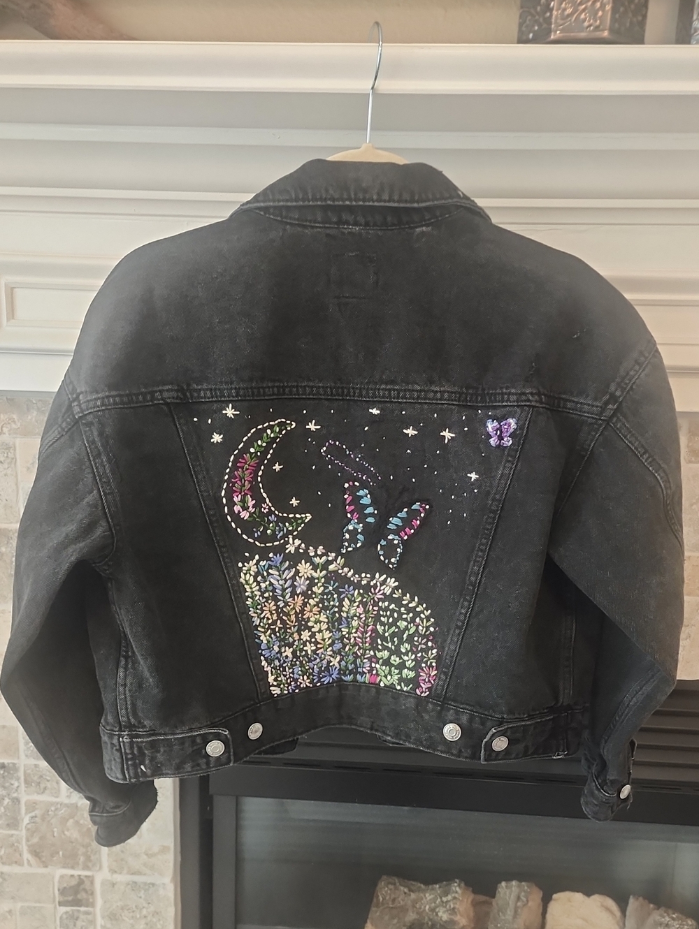 Washed Black Embroidered Denim Jacket with Colorful Butterfly & Moon Motif
